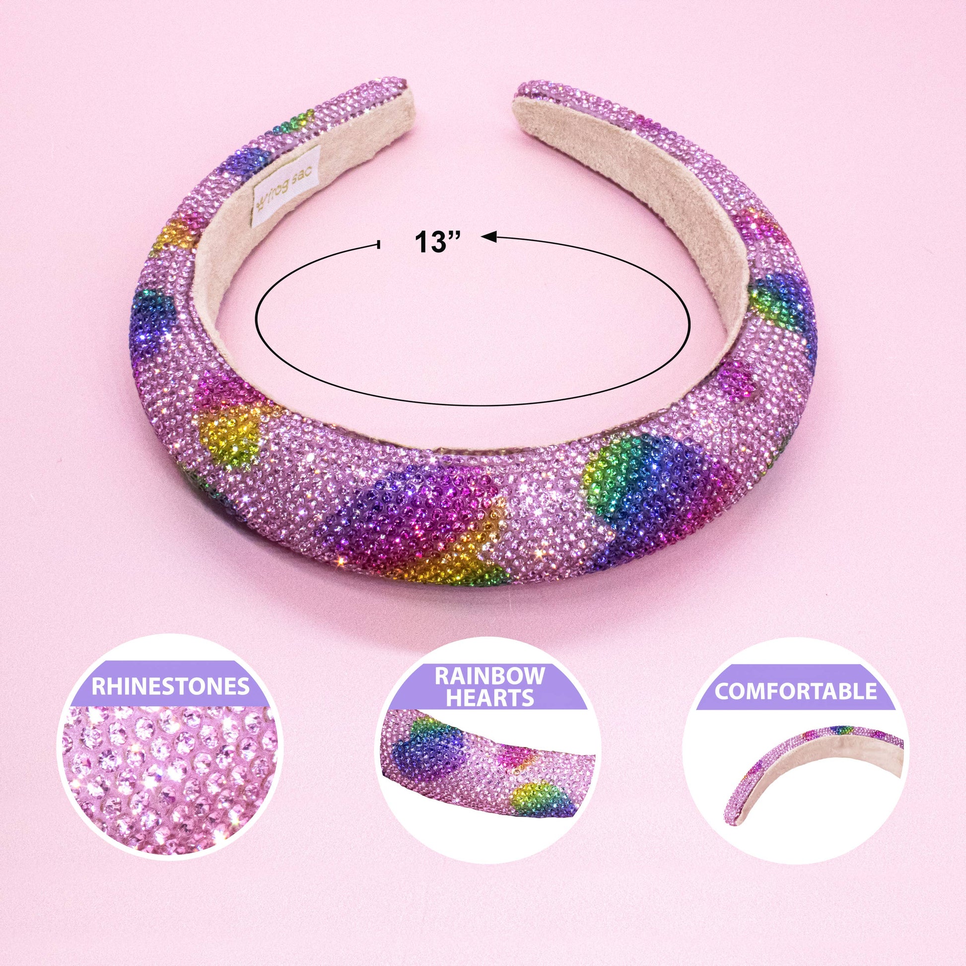 Kids Rhinestone Heart Headband | Pink with Rainbow Hearts