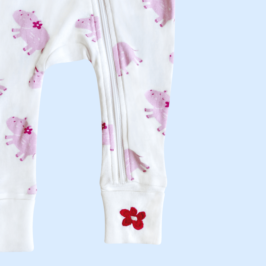 Pink Hippo Organic Baby Zip Romper – Foldover Cuffs by Estella