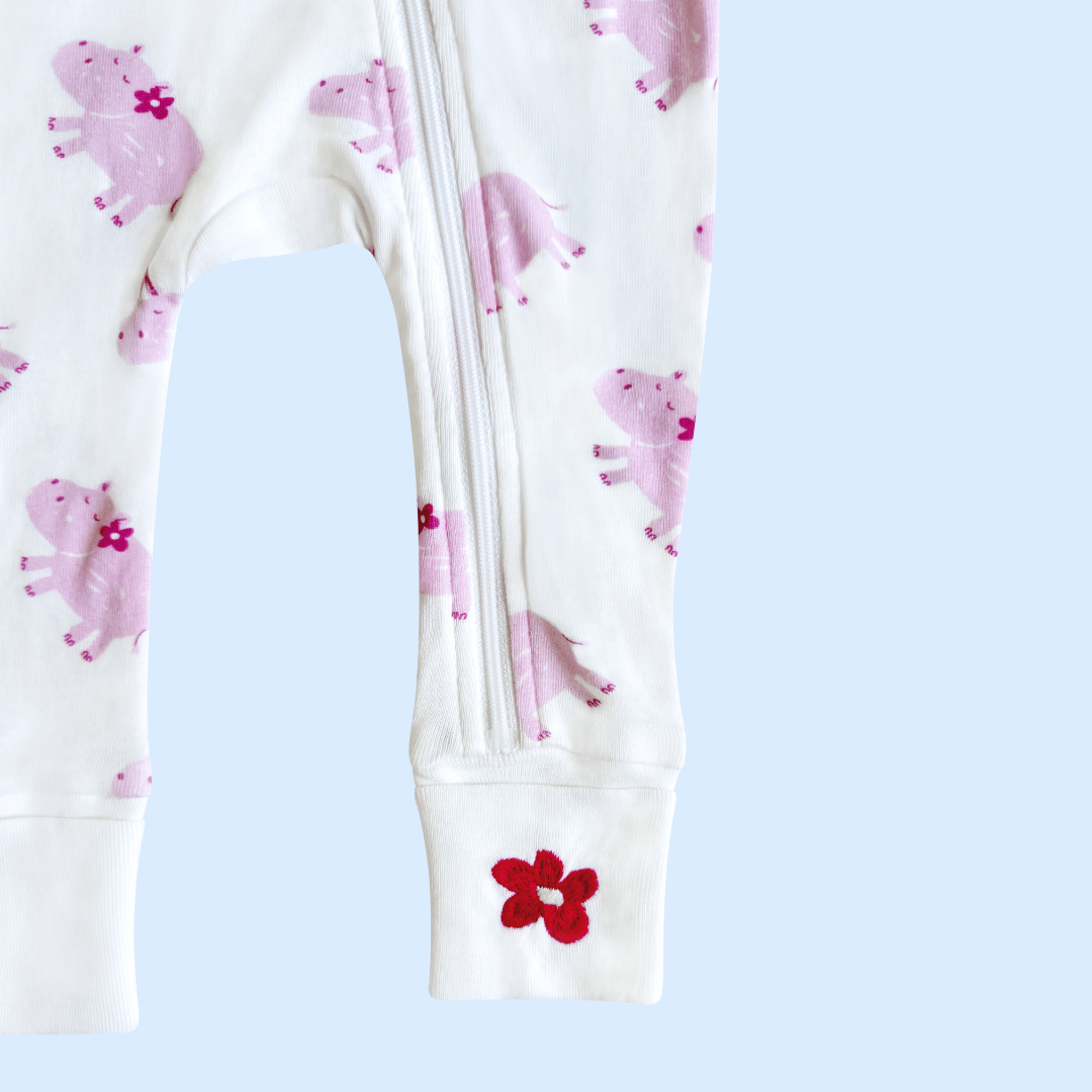 Pink Hippo Organic Baby Zip Romper – Foldover Cuffs by Estella
