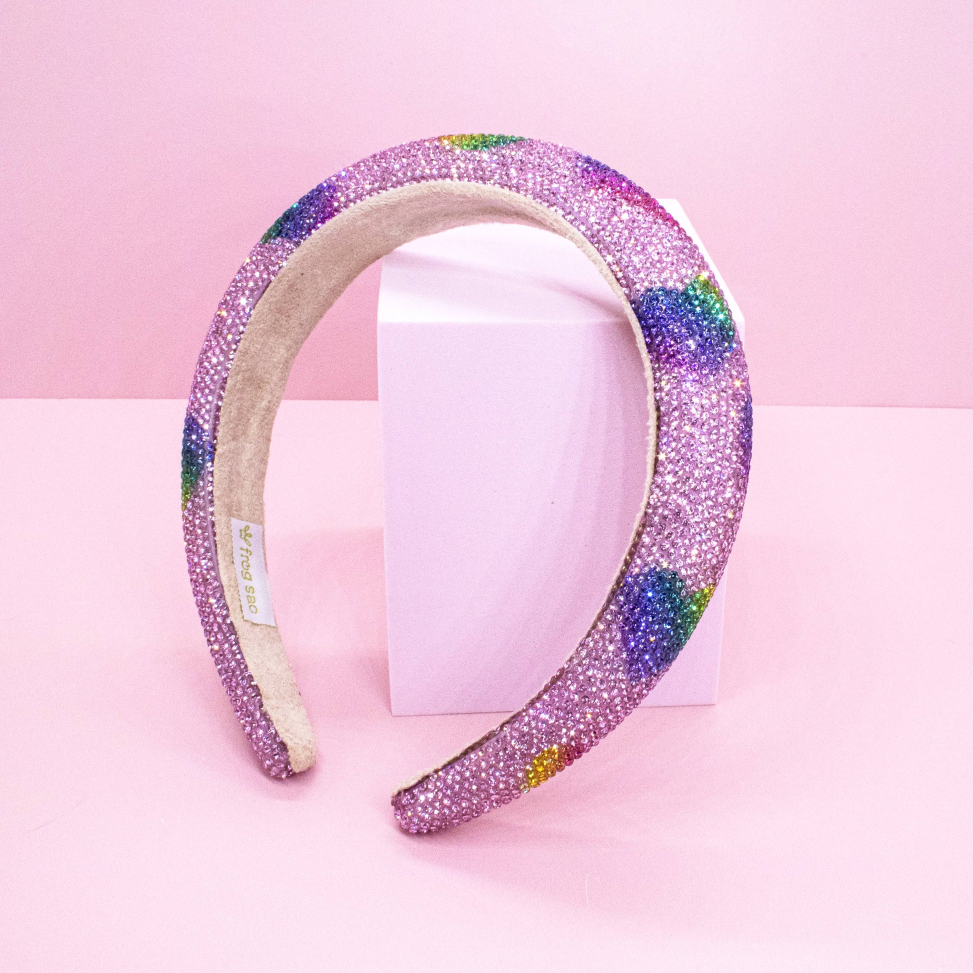 Kids Rhinestone Heart Headband | Pink with Rainbow Hearts
