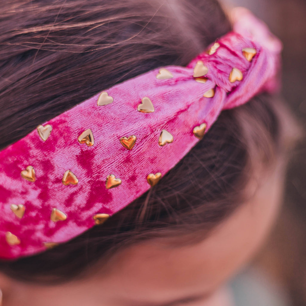 Kids Velvet Knot Headband | Pink with Gold Hearts