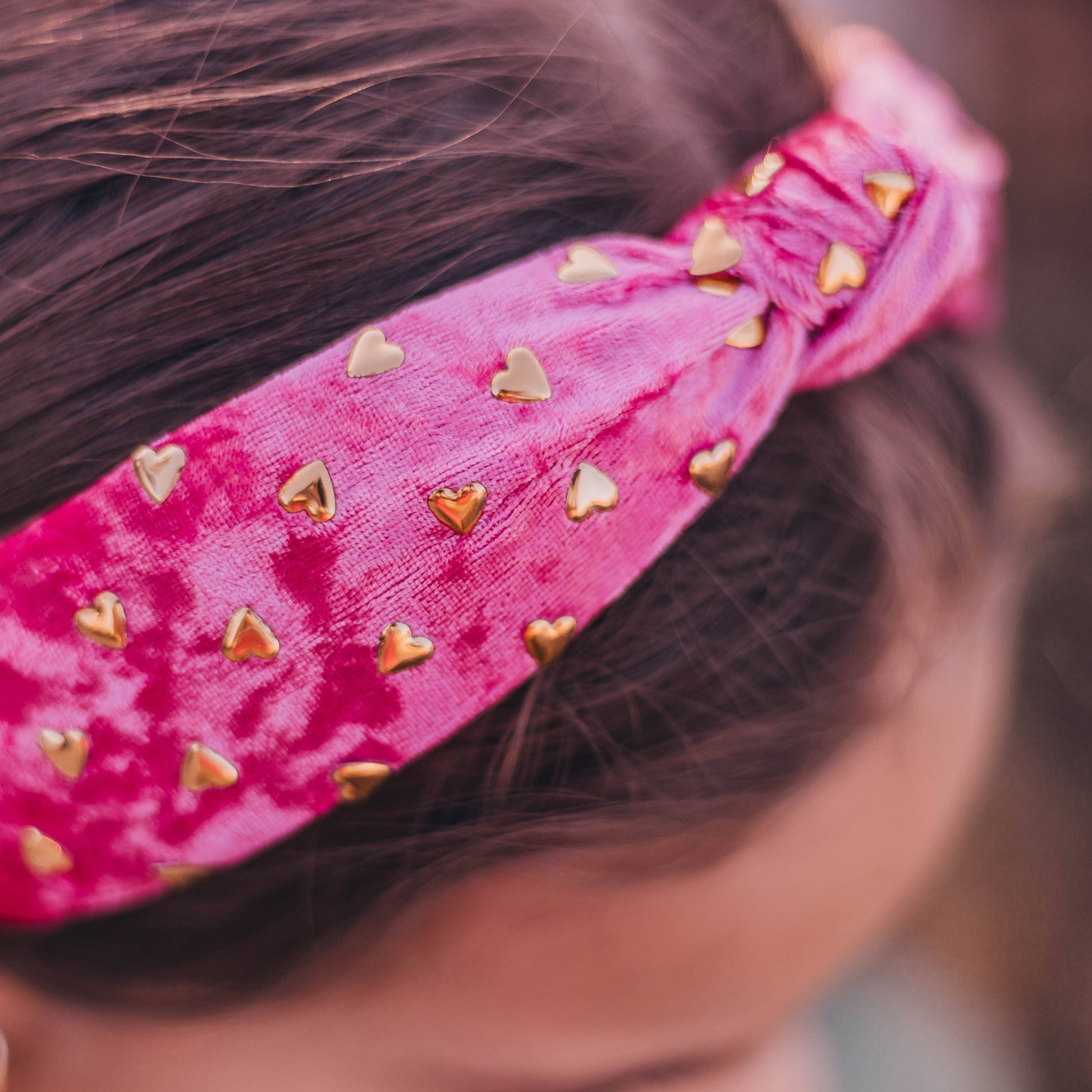 Kids Velvet Knot Headband | Pink with Gold Hearts