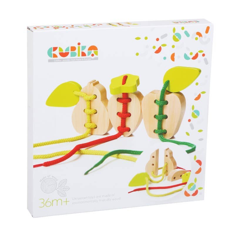  A colorful wooden lacing toy designed to build fine motor skills through play