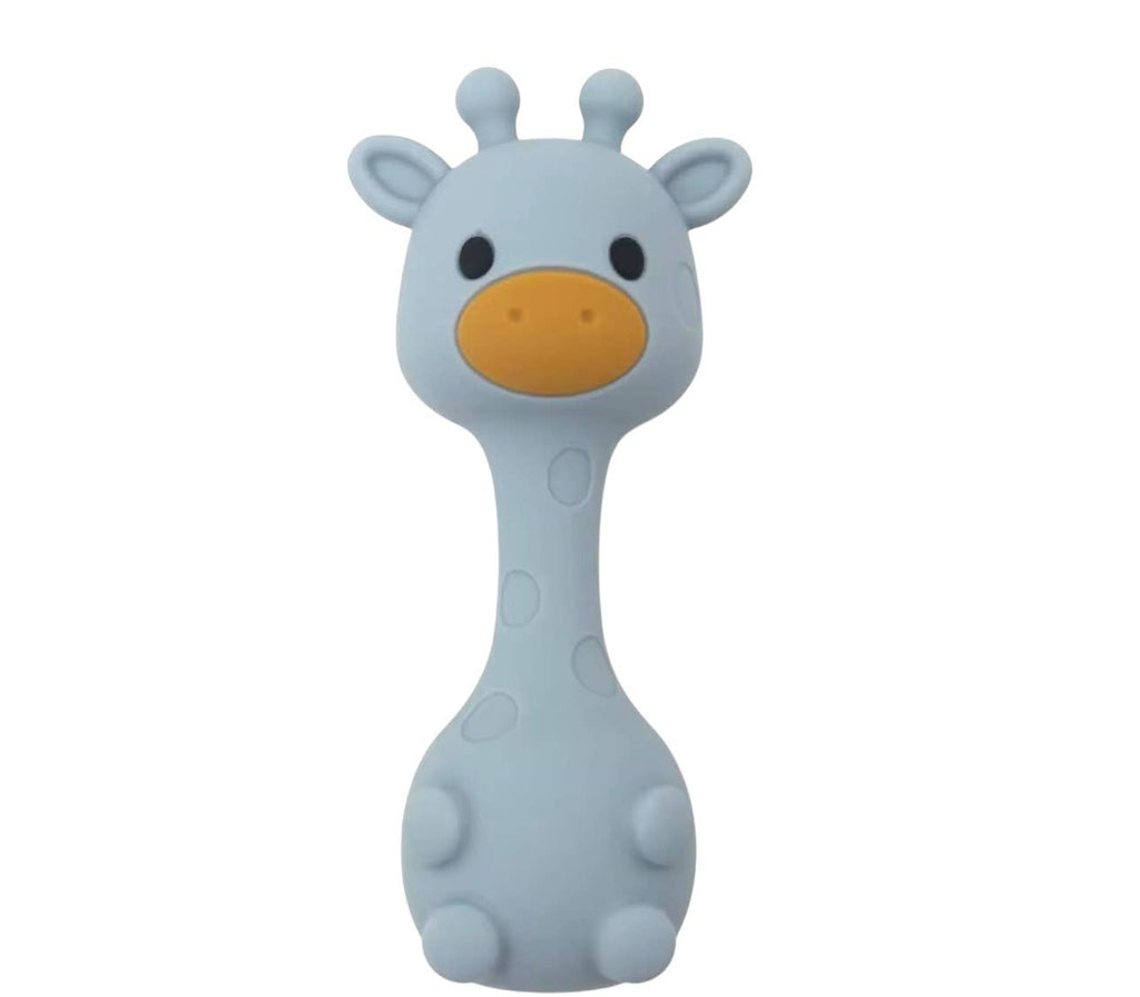 All-silicone baby giraffe teether with built-in rattle.