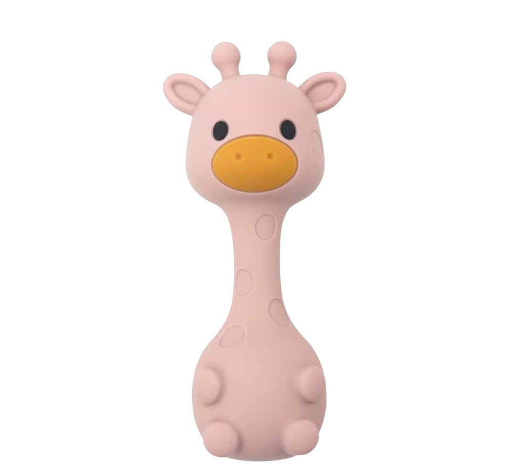 A all-silicone baby giraffe teether with built-in rattle.