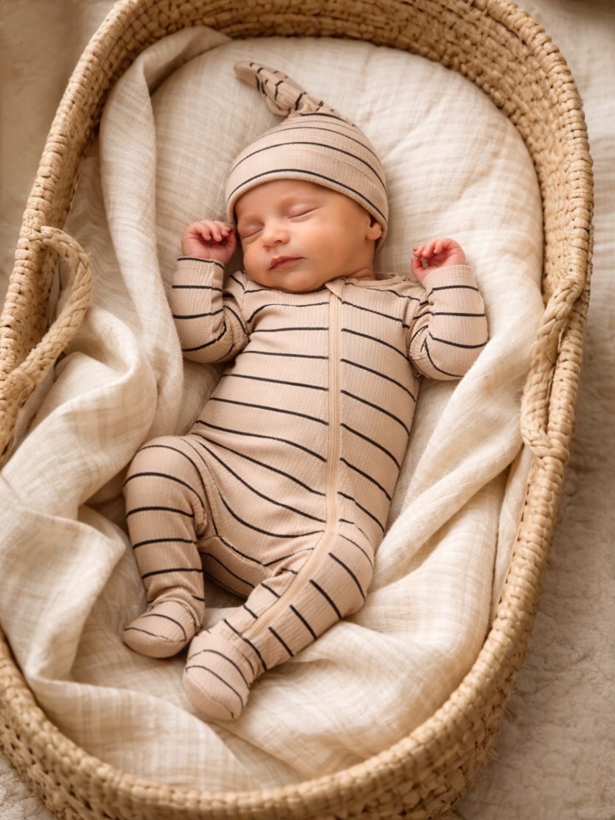 Baby wearing SIIX Collection tan and black stripe ribbed footie
