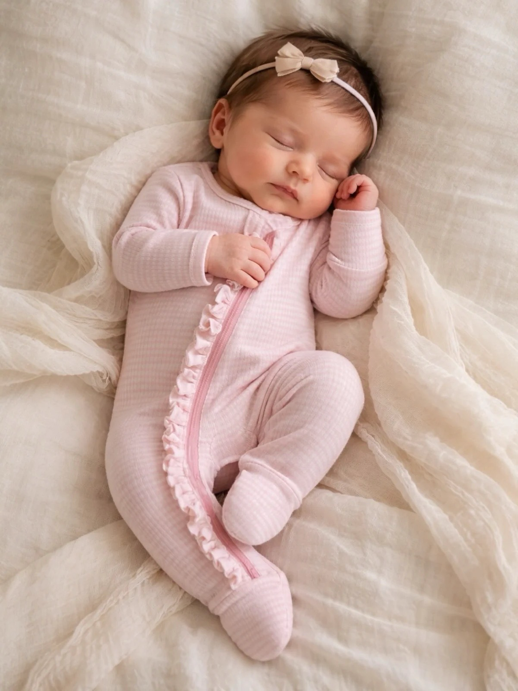 Baby wearing the SIIX Collection Pink Stripe Ribbed Frill Footie