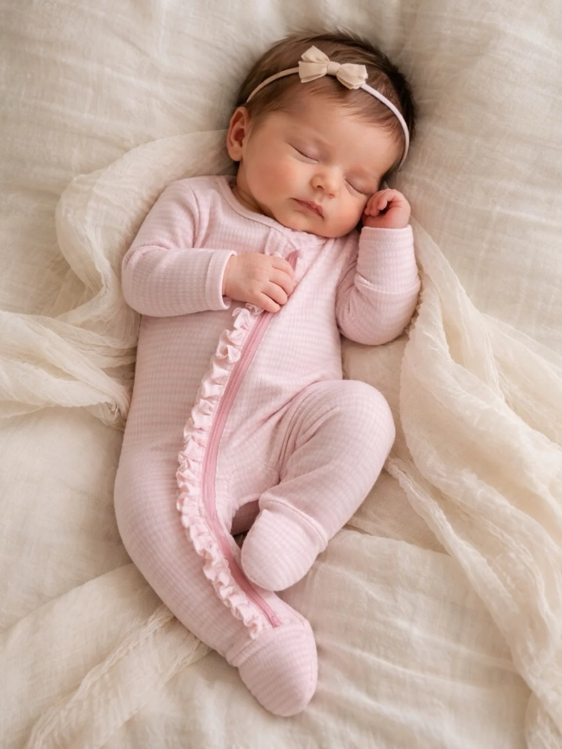 Baby wearing the SIIX Collection Pink Stripe Ribbed Frill Footie