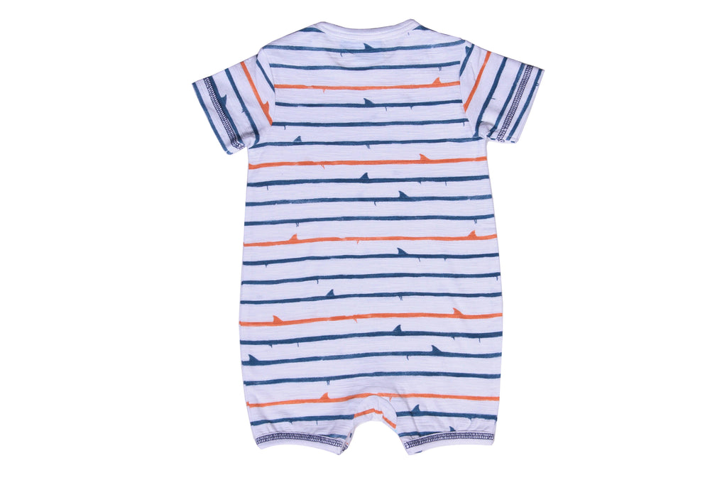 Back image of our Shark Fin Stripe Baby Romper by Bear Camp - the perfect fit and print for summer!