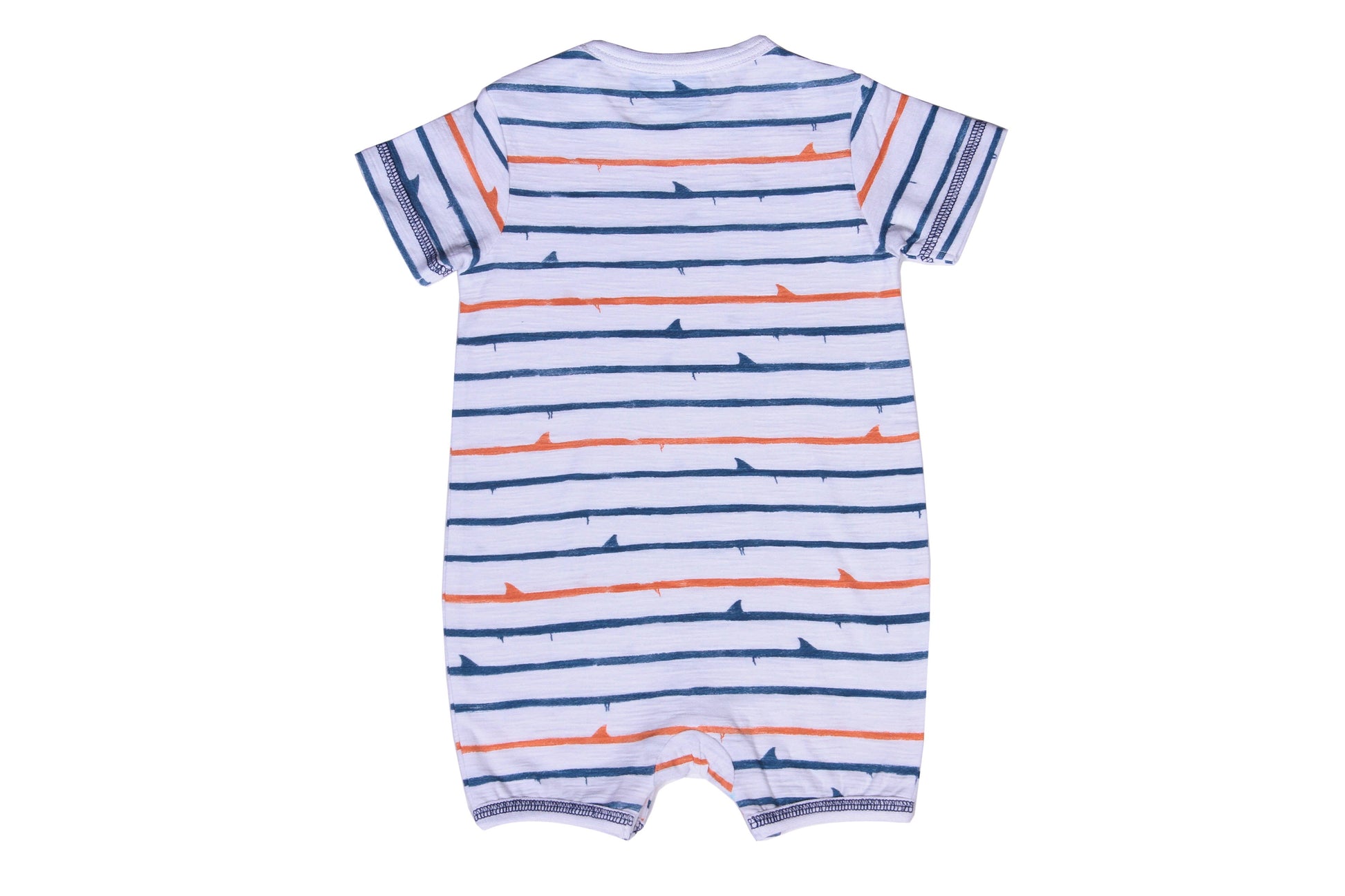 Back image of our Shark Fin Stripe Baby Romper by Bear Camp - the perfect fit and print for summer!