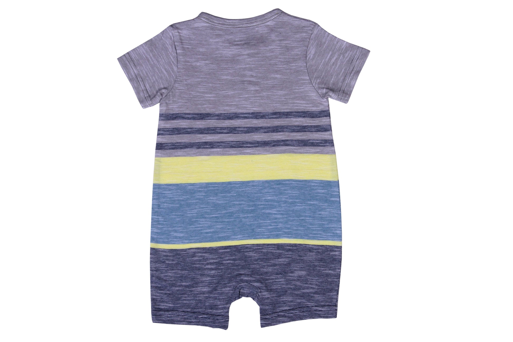 Back image of our yarn dyed pale lemon striped henley baby romper by Bear Camp