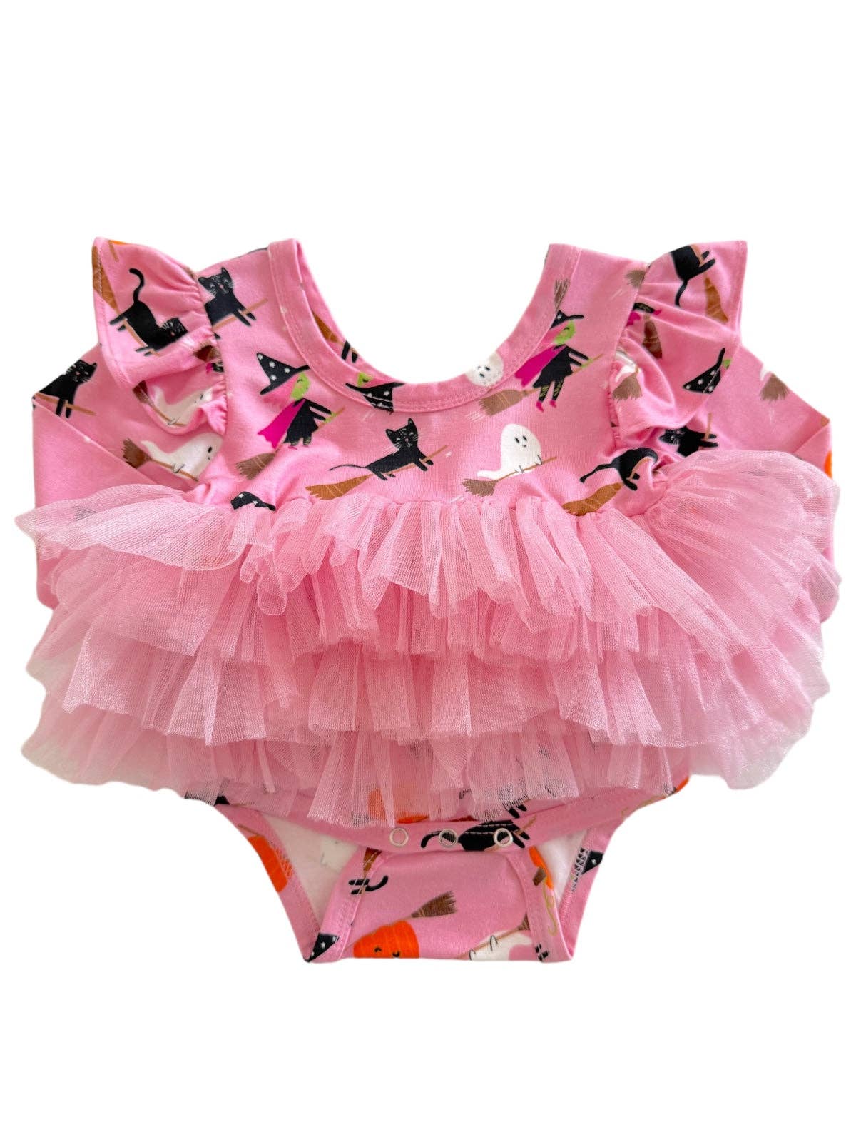 Back image of Pink Broomstick Friends Halloween tutu bodysuit with tulle skirt by Spearmint Love