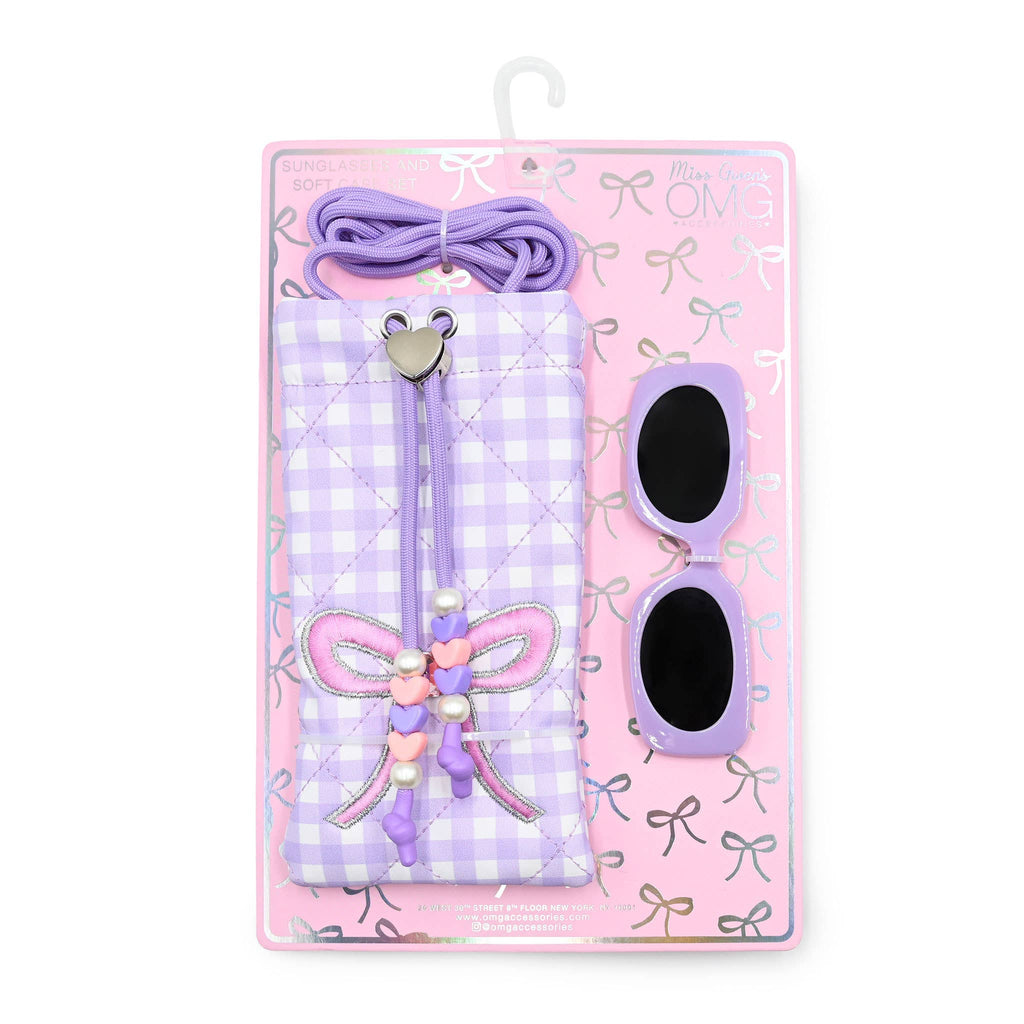Bow Gingham Printed Drawstring Case and Sunglasses by OMG Accessories Travel Accessories