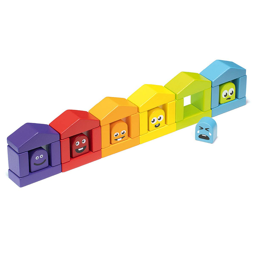 Brightly colored Cubika wooden educational building block toys for toddlers.