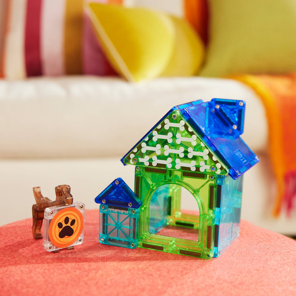 Build your own puppy dog house with our MAGNA-TILES® Dog House – 13-Piece Magnetic Building Set!