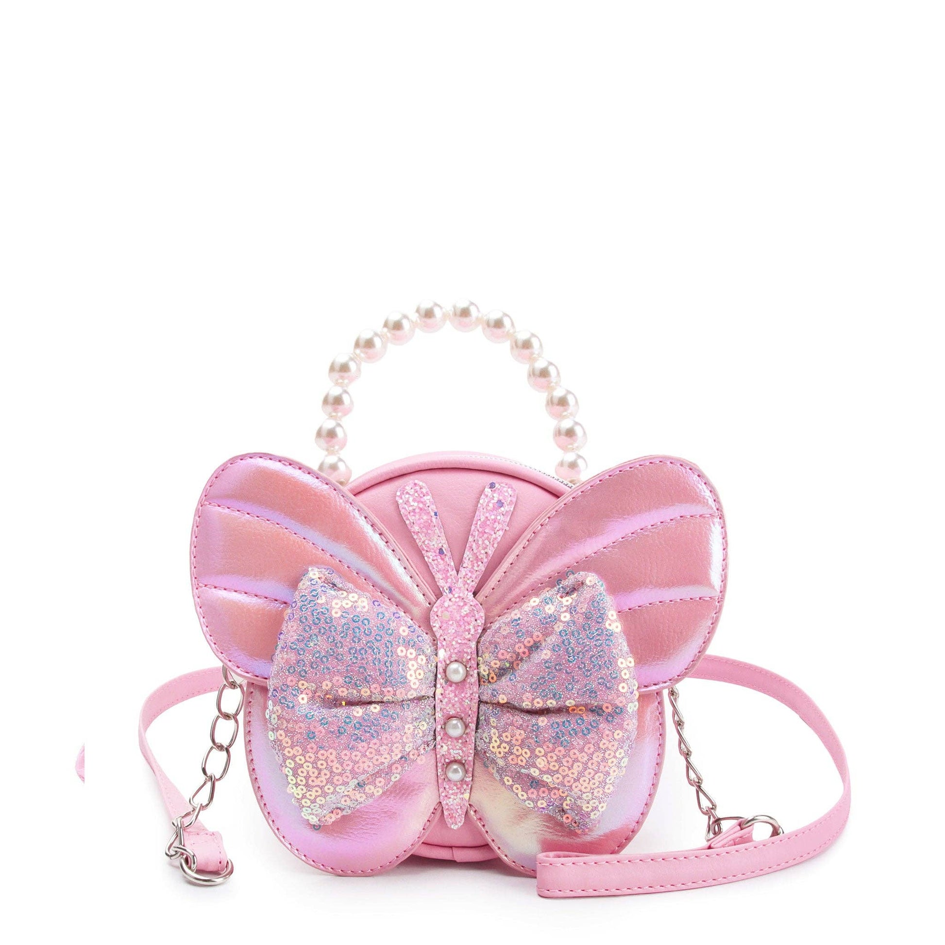 Butterfly Sequin Quilted Crossbody Bag With Pearl Handle and Embellishments by OMG Accessories