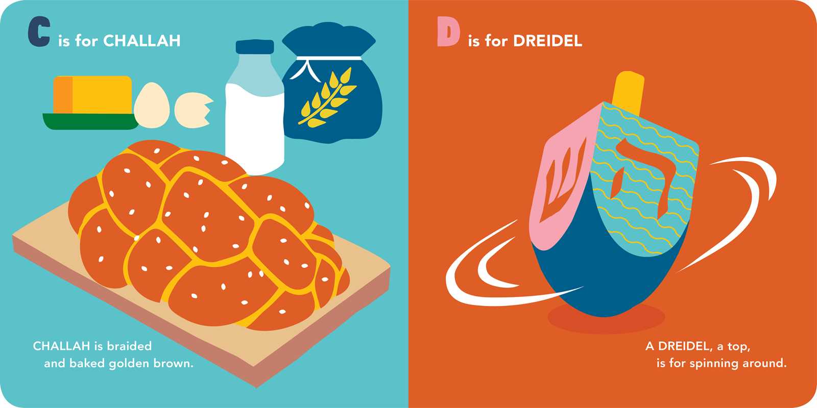 ‘C is for’ and ‘D is for’ page from My First Jewish Baby Book - By Julie Merberg | Illustrated by Beck Feiner