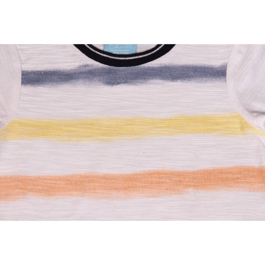 Close up of our Multi Colored Summer Stripe Baby Romper by Bear Camp 