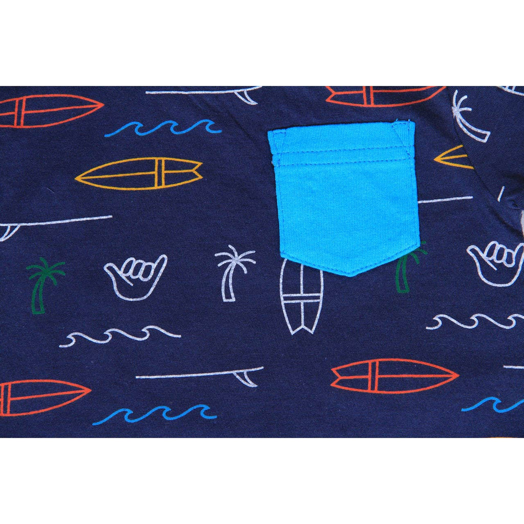 Close up of the contrasting pocket on our new Isaac All Over Summer Surf Print Romper Baby by Bear Camp