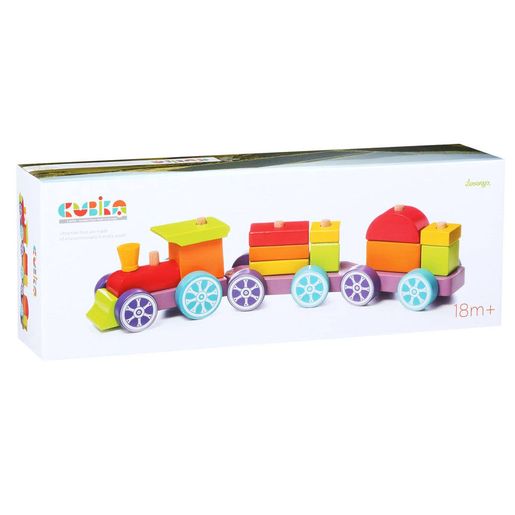 Cubika Wooden Rainbow Express Train is a wooden stacking and building toy for toddlers ages 18 months and up.