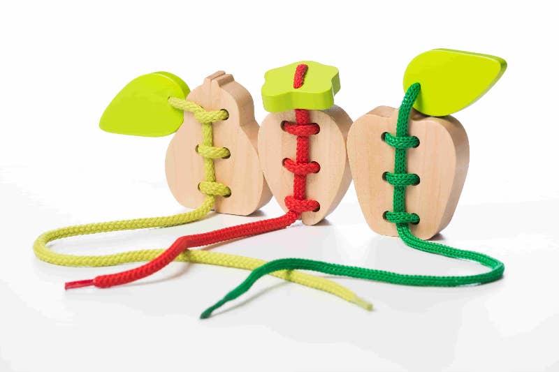 Cubika’s Wooden Lacing Fruit Set helps toddlers and preschoolers practice hand-eye coordination, concentration, and early problem-solving as they thread colorful fruit pieces onto matching laces.