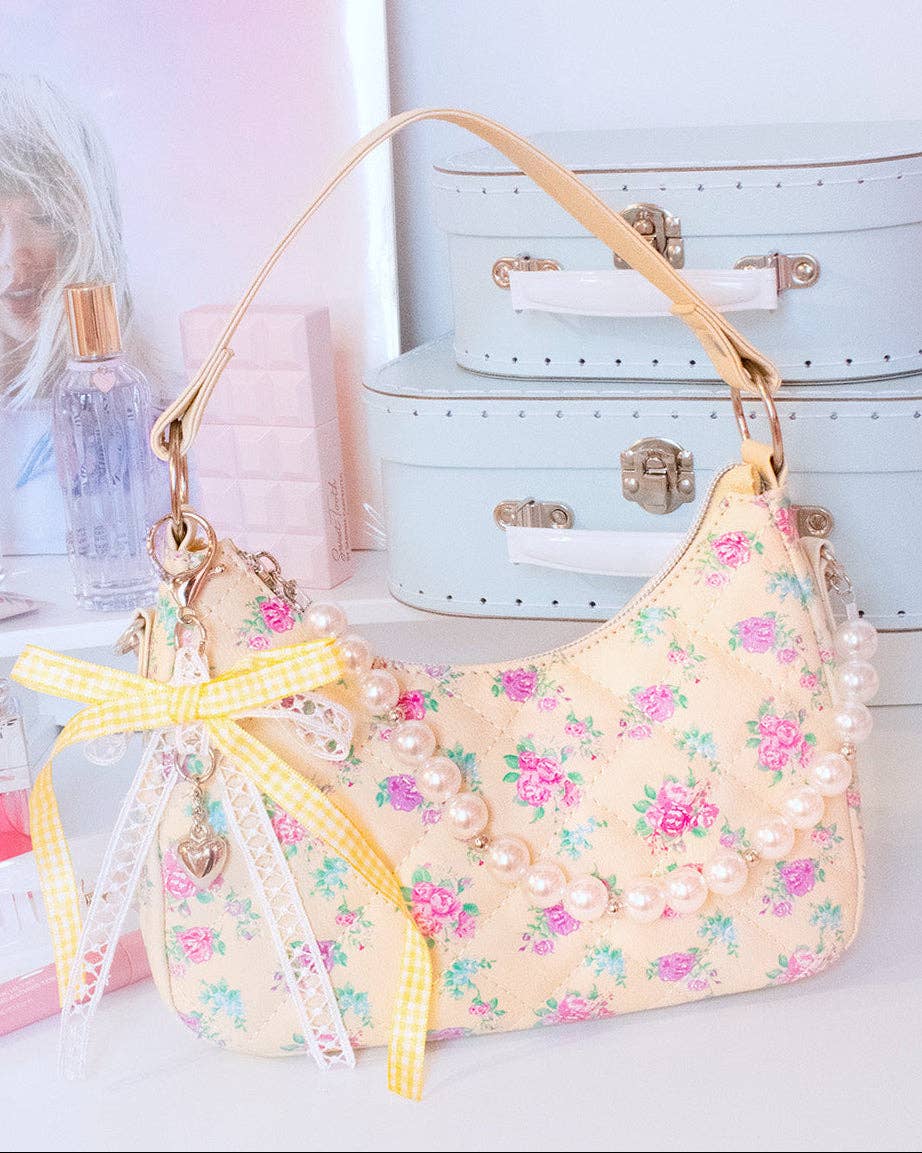 Floral Printed Mini Top Handle Hobo Crossbody with Pearl Chain by OMG Accessories