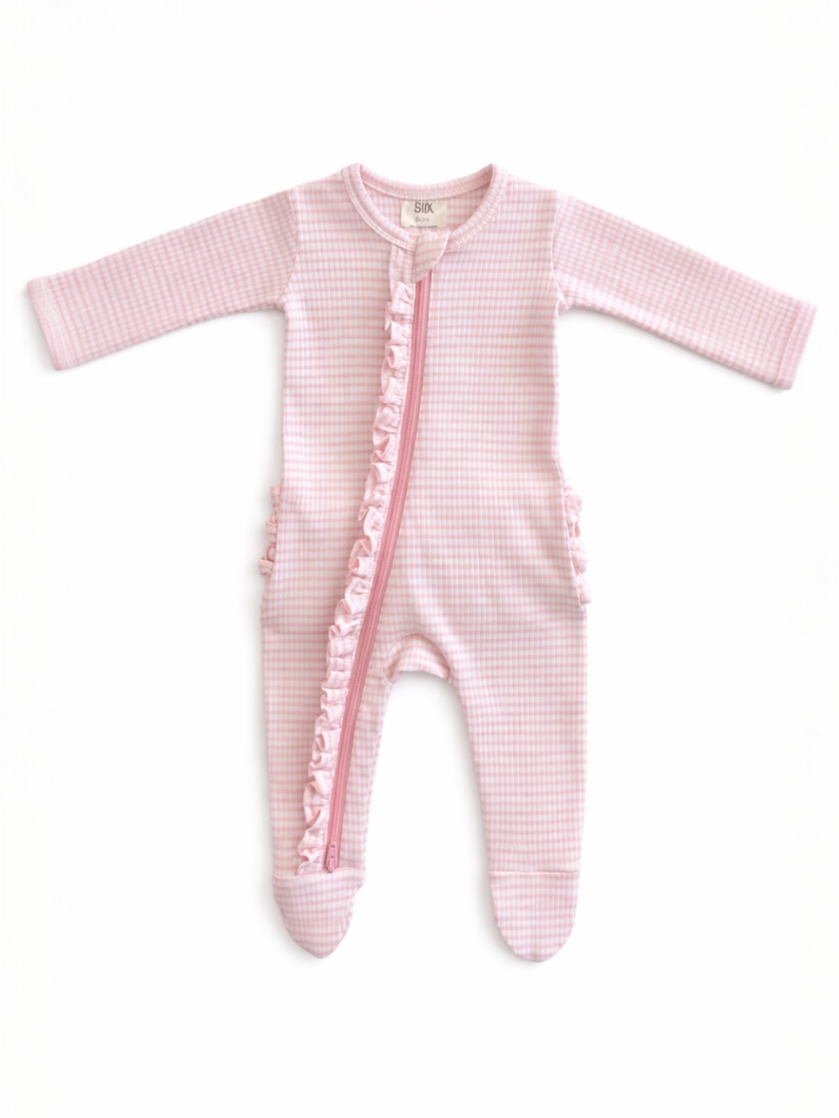 Front flat lay of our Pink Stripe Ribbed Frill Footie by the SIIX Collection