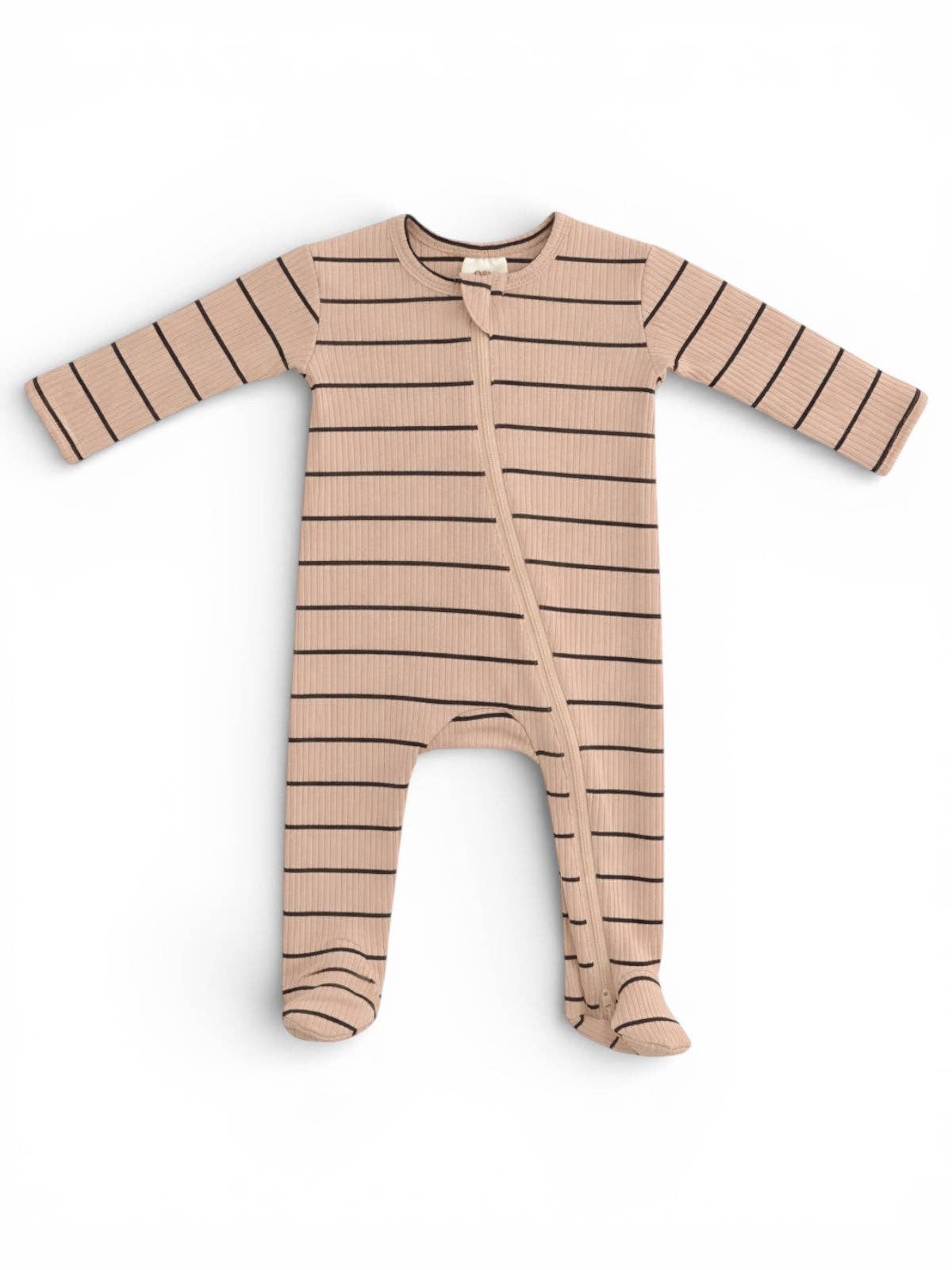 Front flat lay of our tan and black stripe ribbed baby footie by SIIX Collection