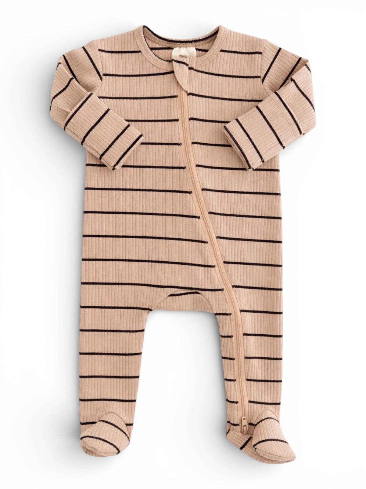 Front flat lay of the SIIX Collection tan and black stripe ribbed 2-way zip baby footie