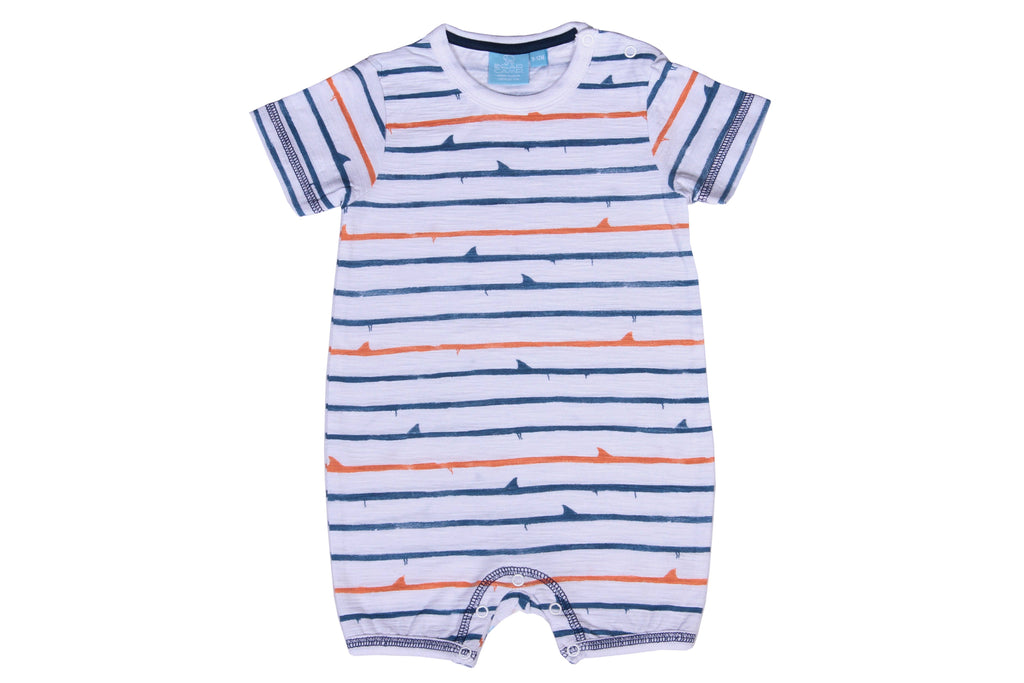 Front image of our Shark Fin Stripe Baby Romper by Bear Camp - the perfect fit and print for summer!