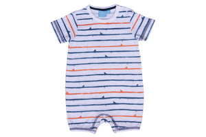 Front image of our Shark Fin Stripe Baby Romper by Bear Camp - the perfect fit and print for summer!