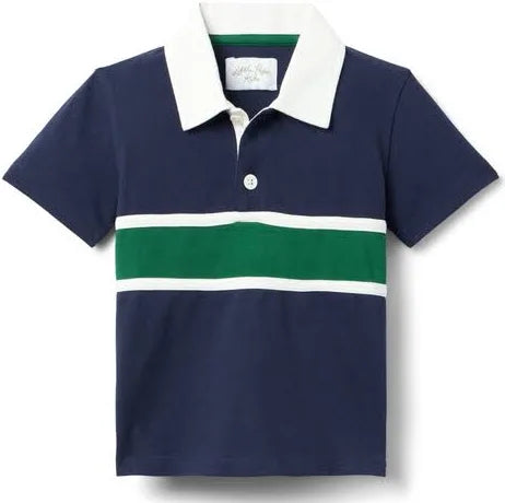 Front image of our new Archie Polo in navy with white + green stripes by Little Paper Kids