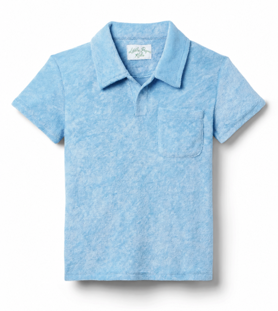 Front image of our new summer terry cloth Grayson Polo in aqua blue by Little Paper Kids