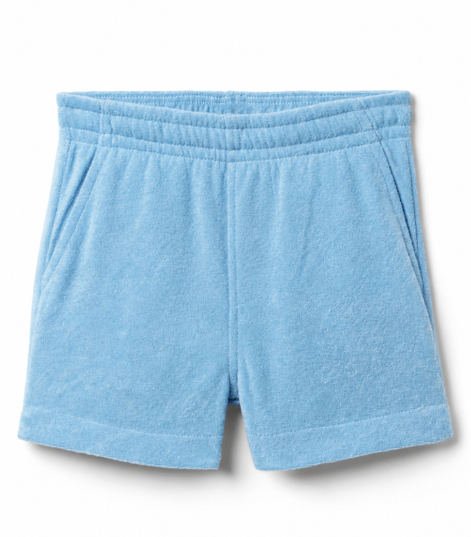 Front image of our new summer terry cloth James Shorts in aqua blue by Little Paper Kids