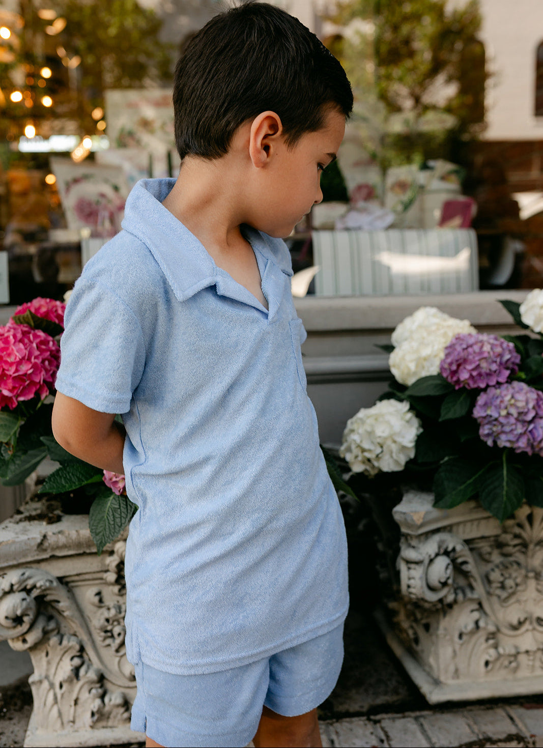 Have the best dressed kid this summer in our new Grayson Terry Polo + James Shorts in aqua blue by Little Paper Kids 