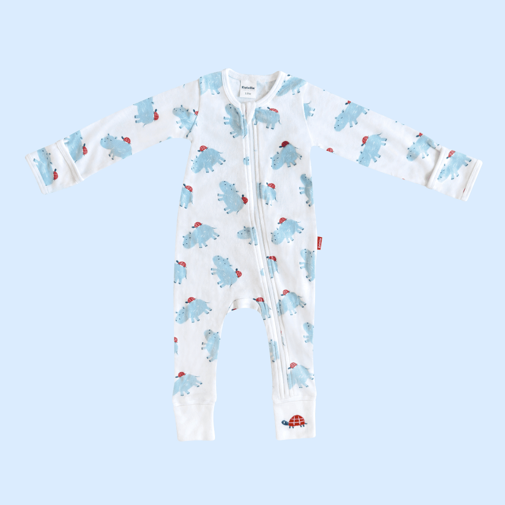 Hippo and Turtle Fall Organic Cotton Baby Zip Romper Onesie with Foldover Cuffs
