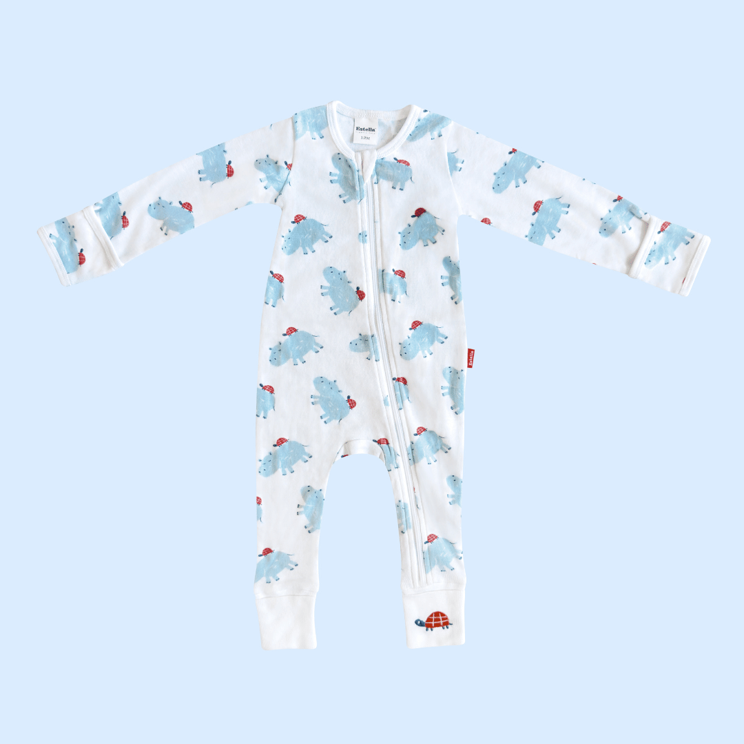 Hippo and Turtle Fall Organic Cotton Baby Zip Romper Onesie with Foldover Cuffs