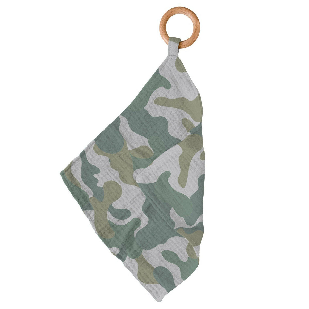 Hunter’s Camo green bamboo muslin baby teether with removable wooden ring by Newcastle Classics