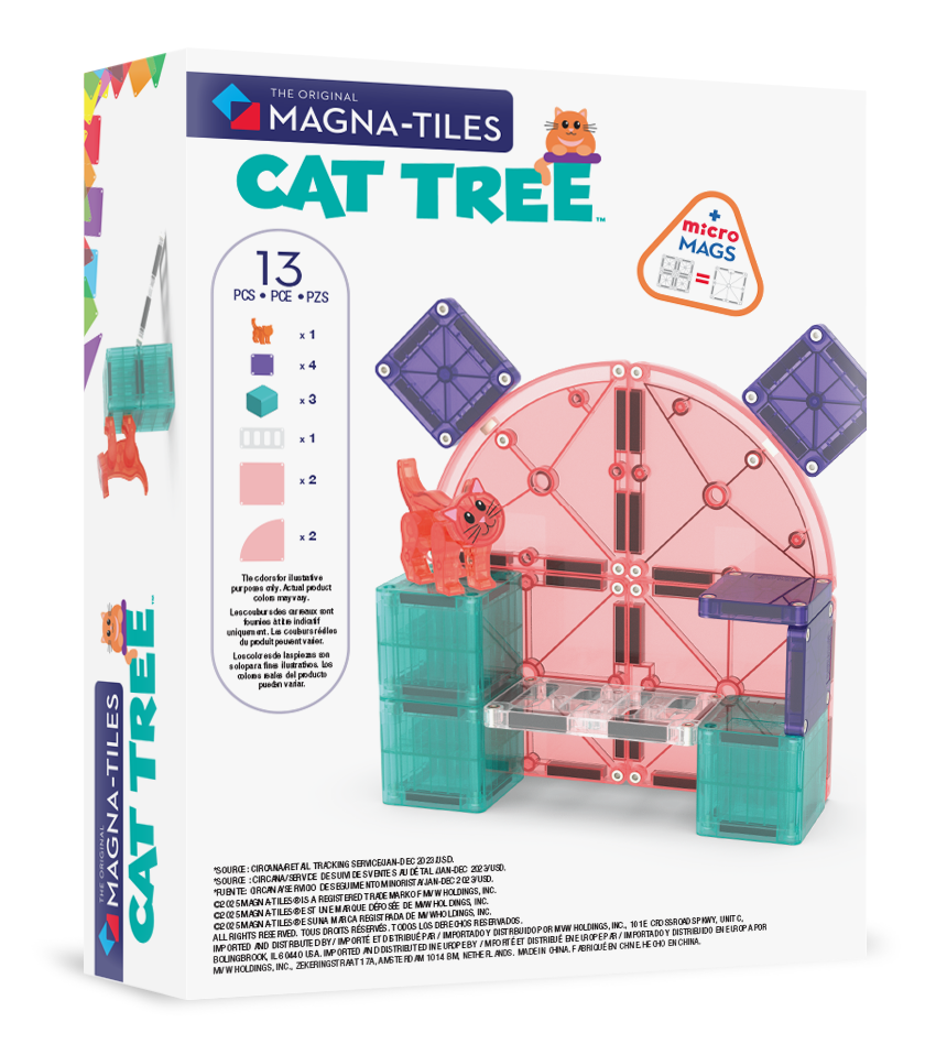 Image of the back of the box of our MAGNA-TILES® Cat Tree – 13-Piece Magnetic Building Set