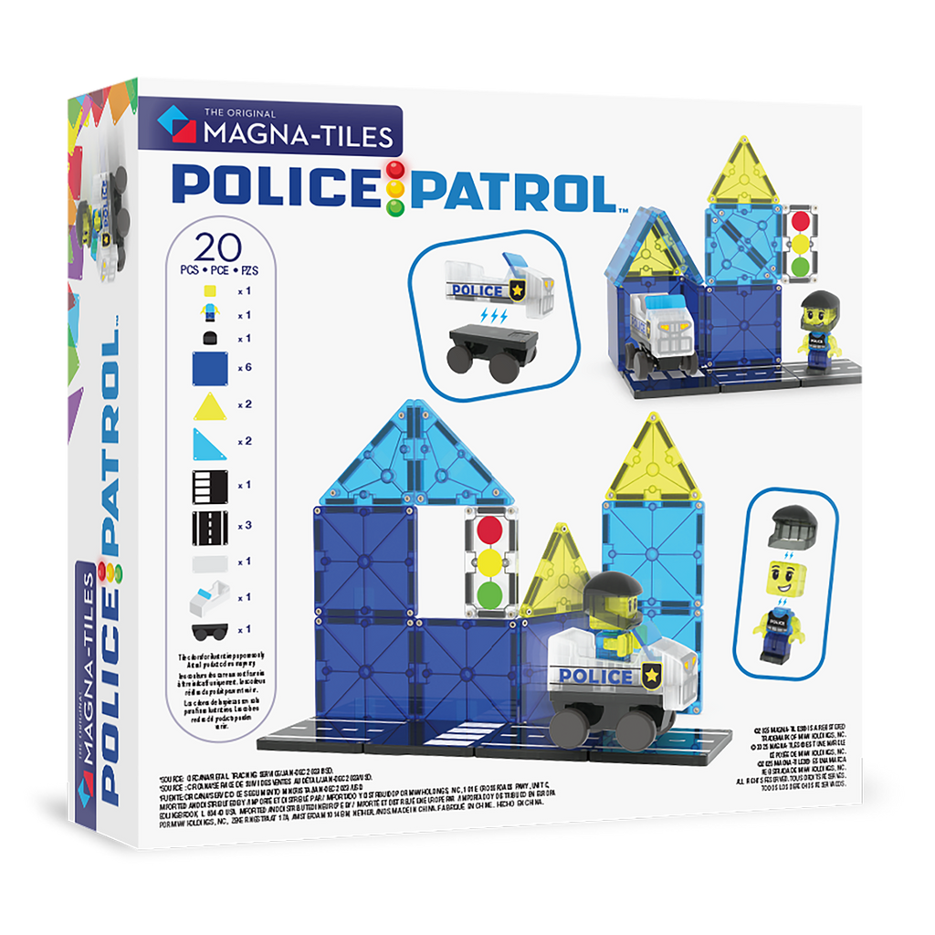 Image of the back of the box of our MAGNA-TILES® Police Patrol – 20-Piece Magnetic Building Set.