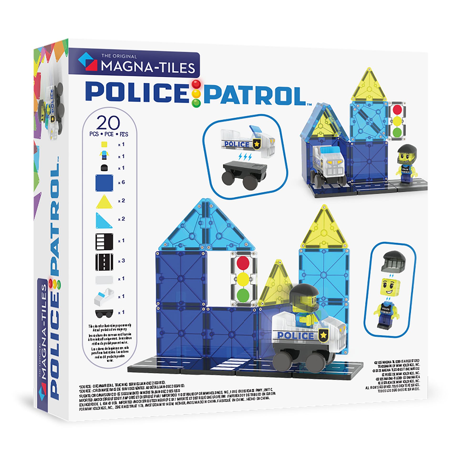 Image of the back of the box of our MAGNA-TILES® Police Patrol – 20-Piece Magnetic Building Set.