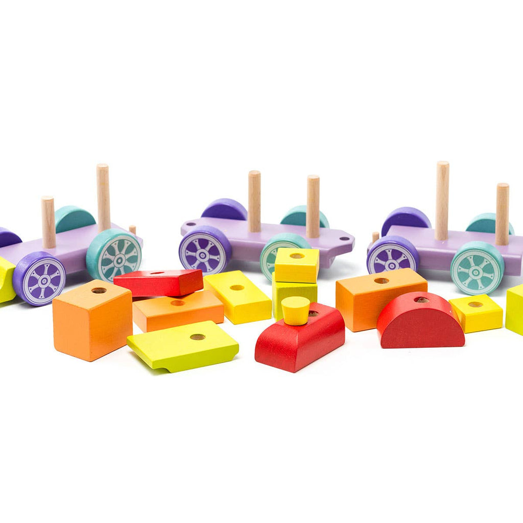 Includes colorful locomotive and train cars with stackable wooden blocks - recommended for Ages 18m+