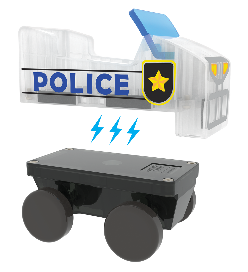 Magnetic police car from our MAGNA-TILES® Police Patrol – 20-Piece Magnetic Building Set.
