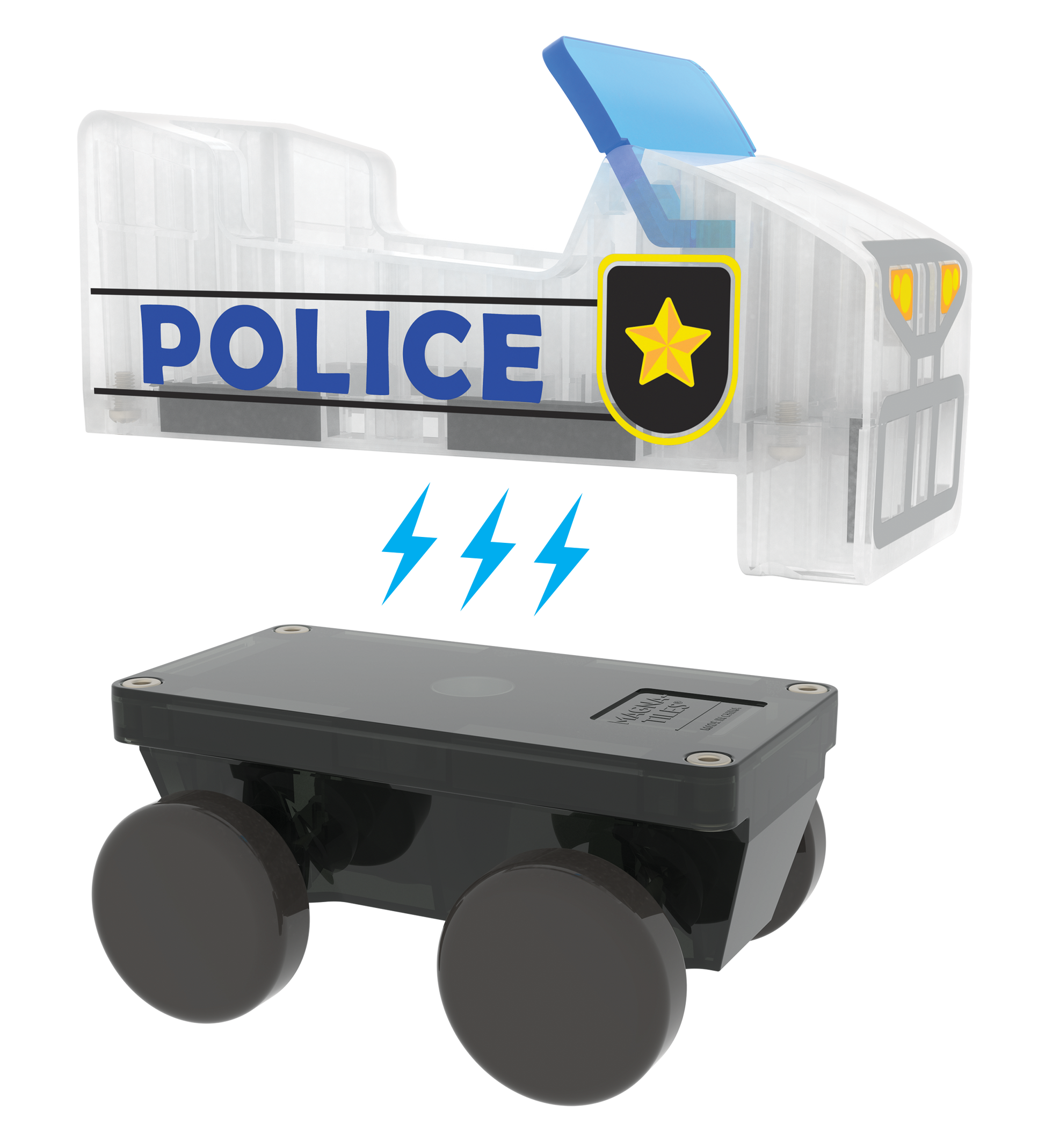 Magnetic police car from our MAGNA-TILES® Police Patrol – 20-Piece Magnetic Building Set.