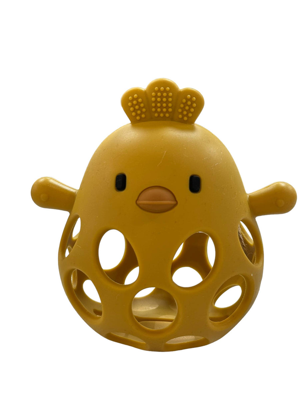 Modern silicone baby teething toy in neutral colors.