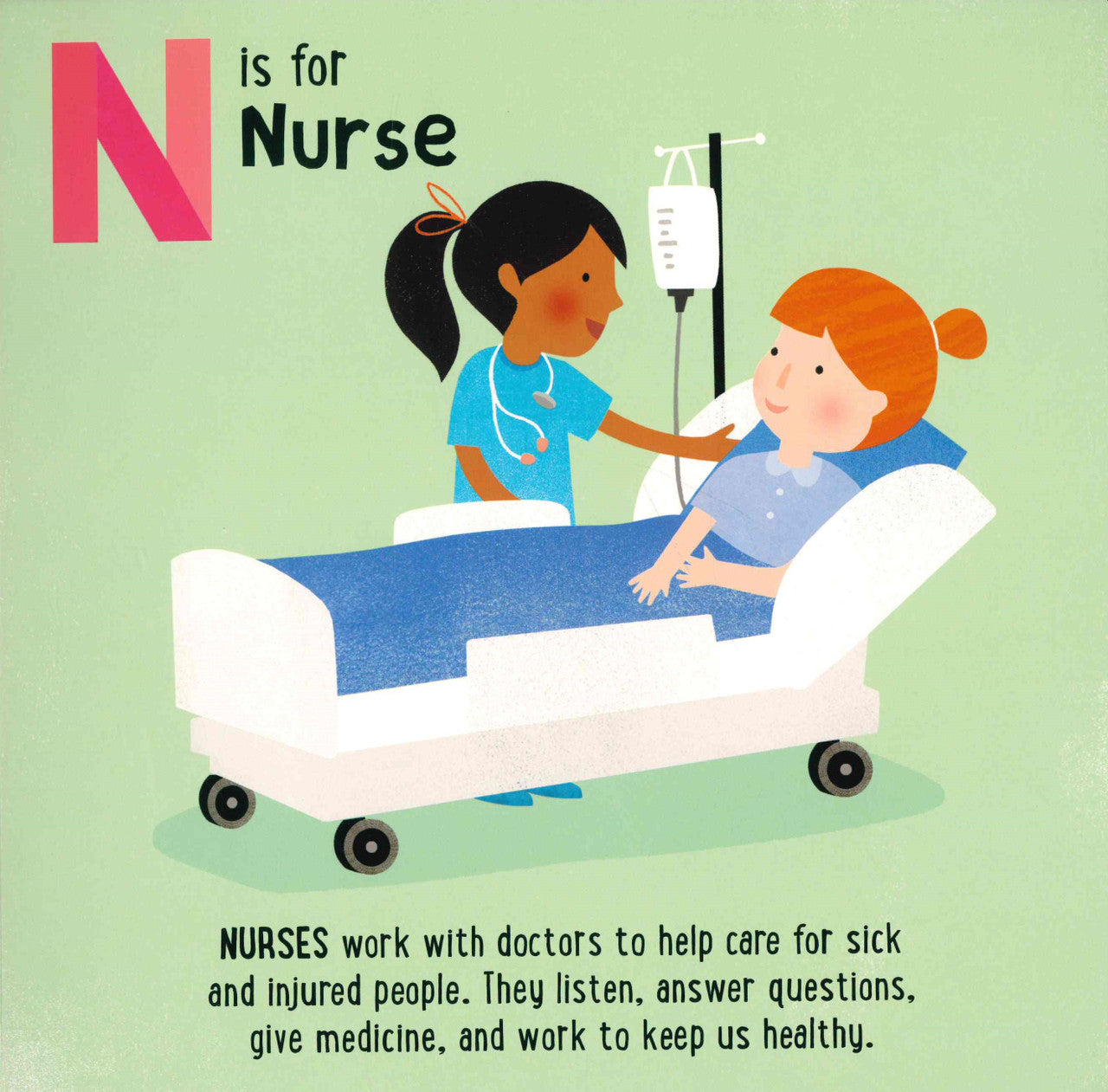 N is for Nurse alphabet board book page showing nurse caring for a child in hospital bed