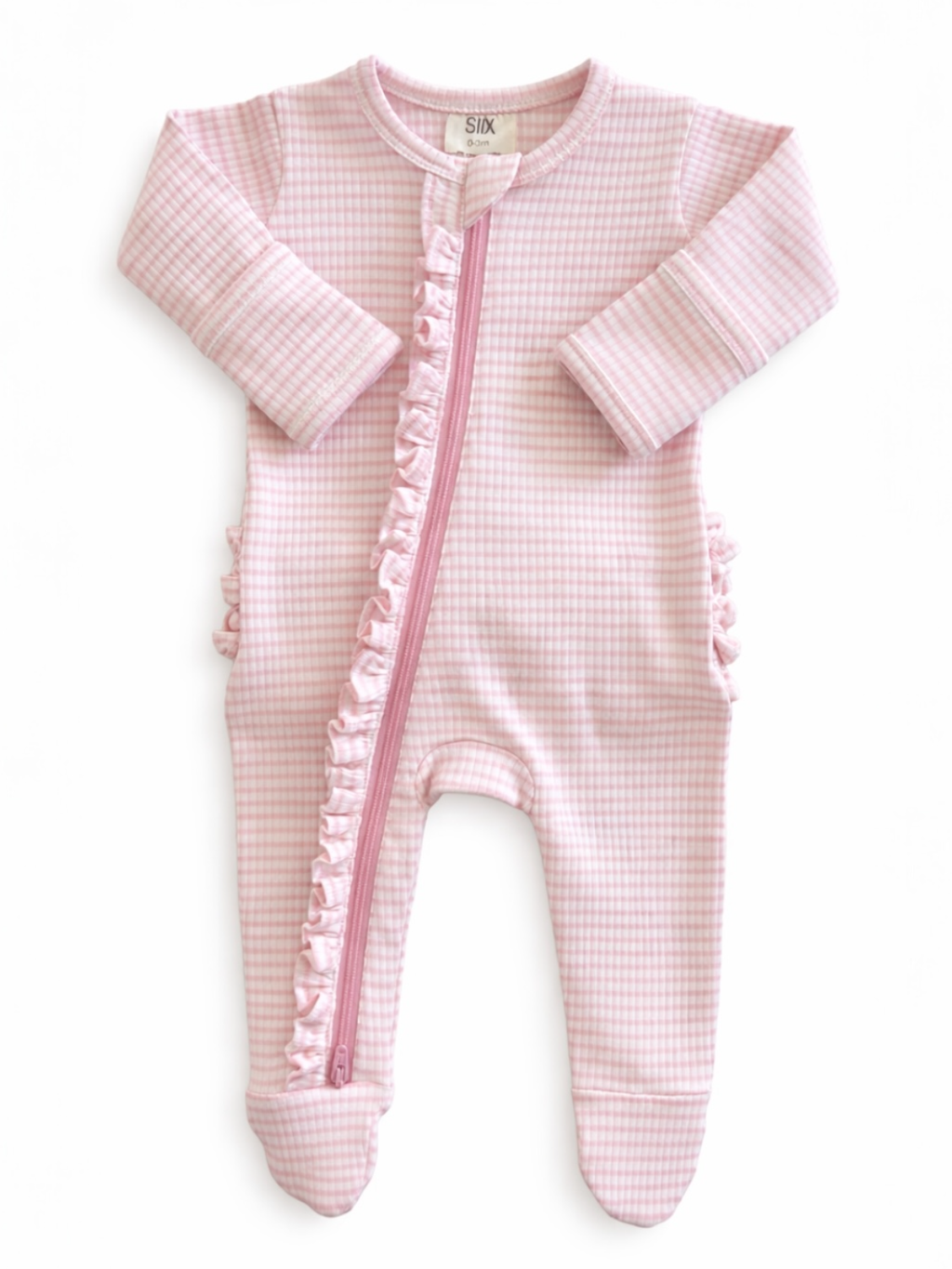 Our cute Pink Stripe Ribbed Frill Footie by the SIIX Collection 