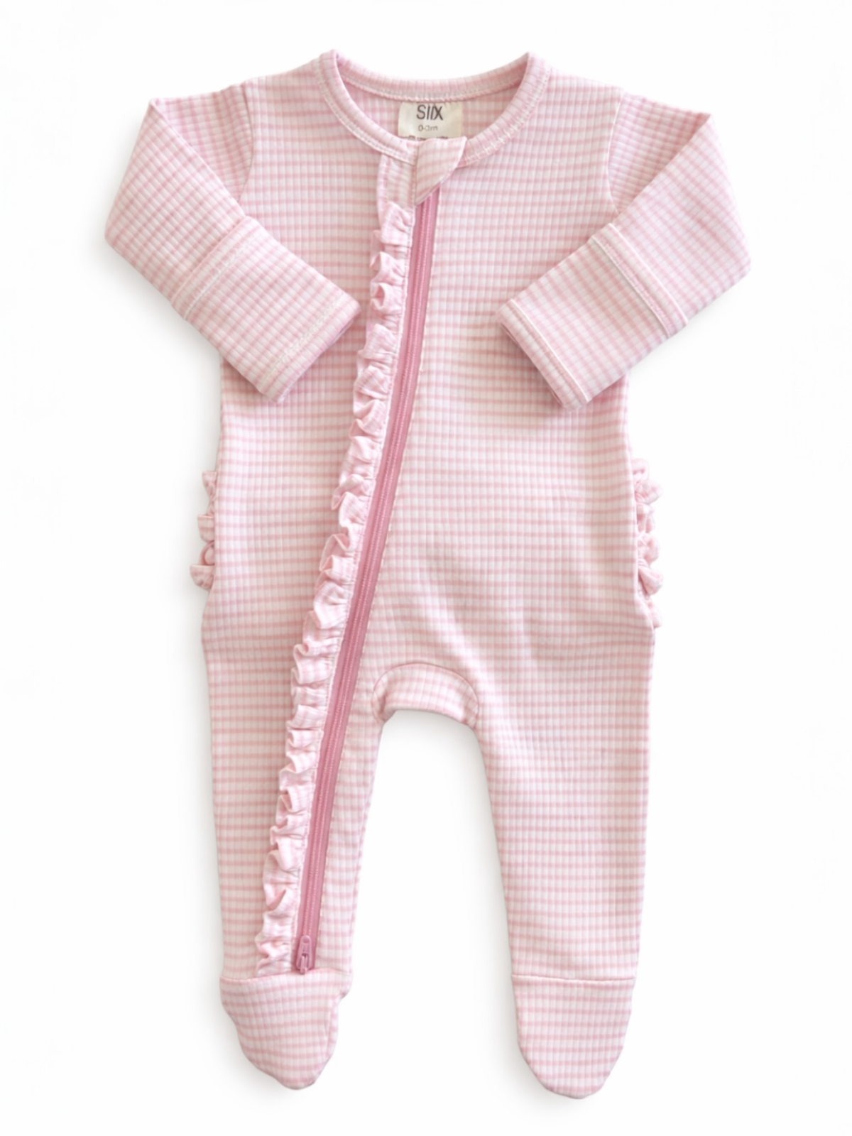 Our cute Pink Stripe Ribbed Frill Footie by the SIIX Collection 