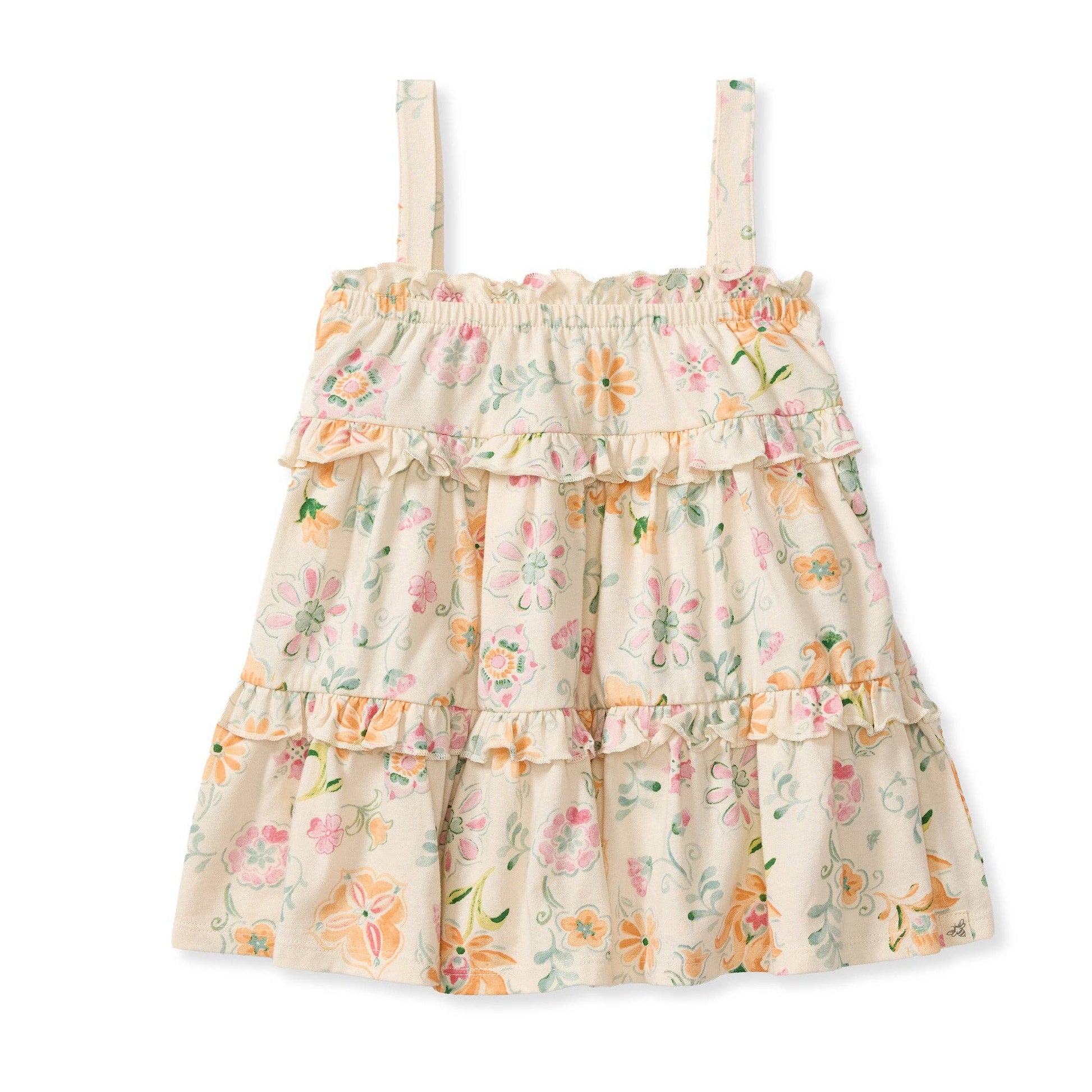 Our new summer Organic Cotton Mediterranean Floral Dress in neutral tones
