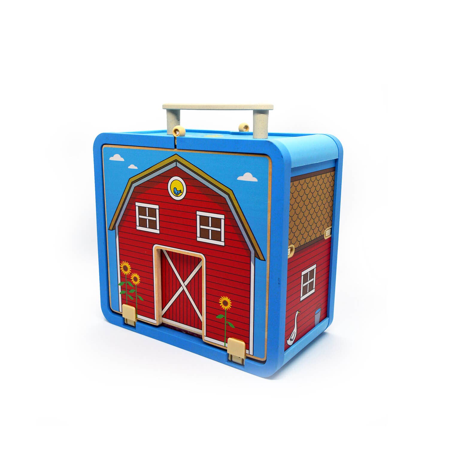Outside image of our wooden barnyard suitcase travel toy for kids